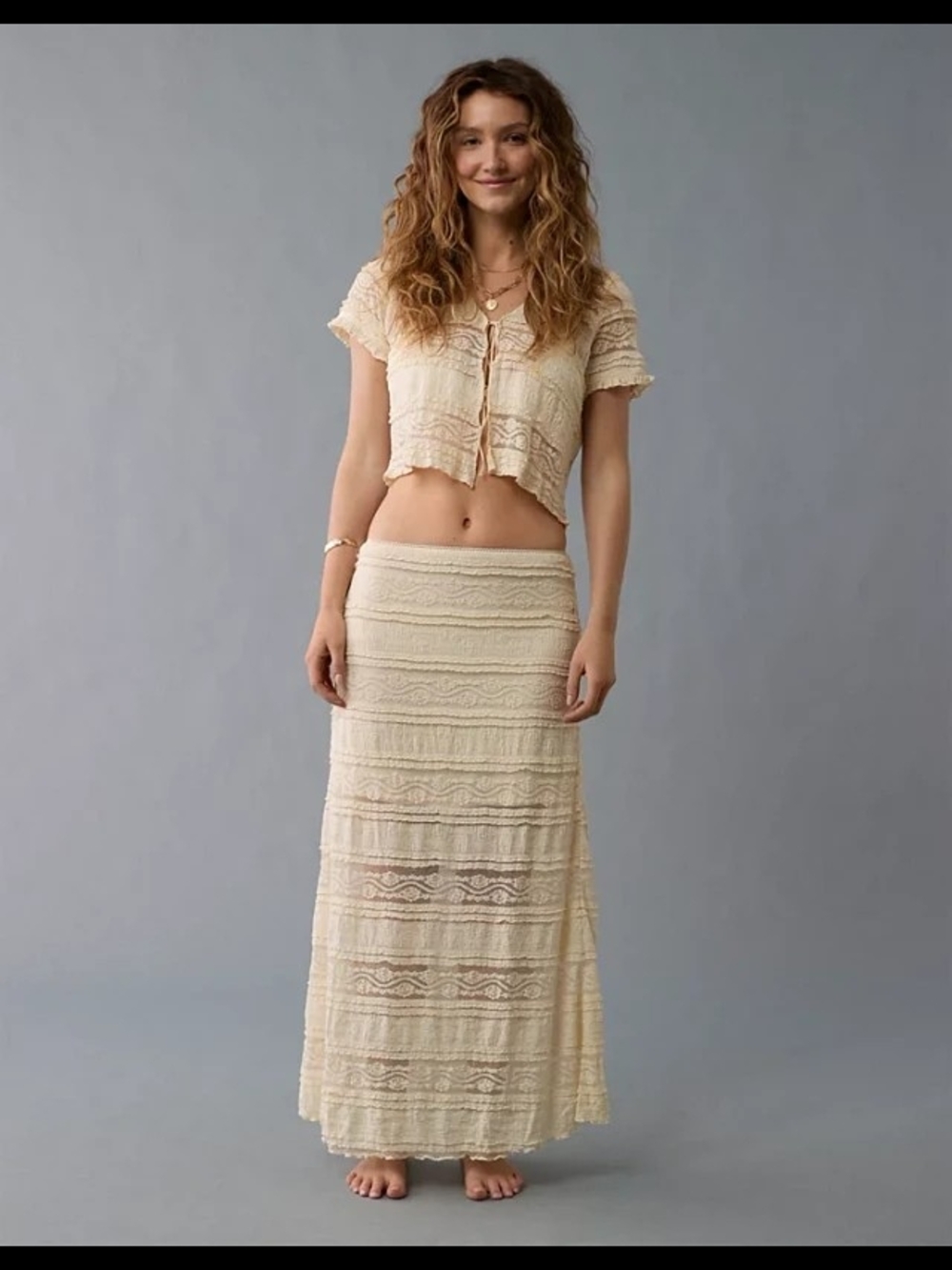 American Eagle Outfitters Cream Lace Boho Maxi Skirt - L